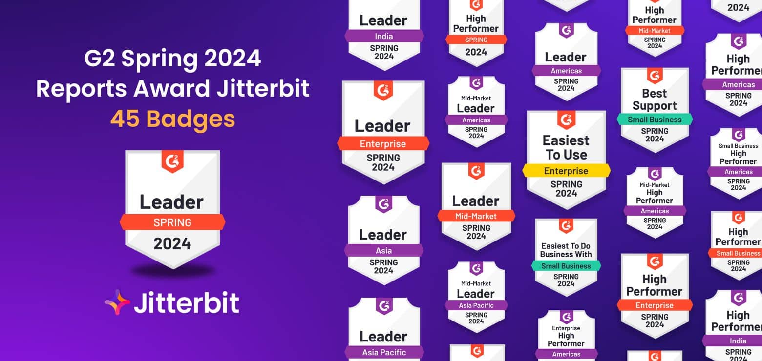 G2 Spring 2024 Reports Award Jitterbit 45 badges voor klantvertrouwen en softwarekwaliteit