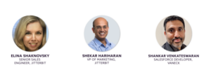 Shekar Hariharan, Vice President Marketing på Jitterbit, Elina Shaknovsky, Senior Sales Engineer på Jitterbit, och Shankar Venkateswaran, Salesforce Utvecklare för VanEck