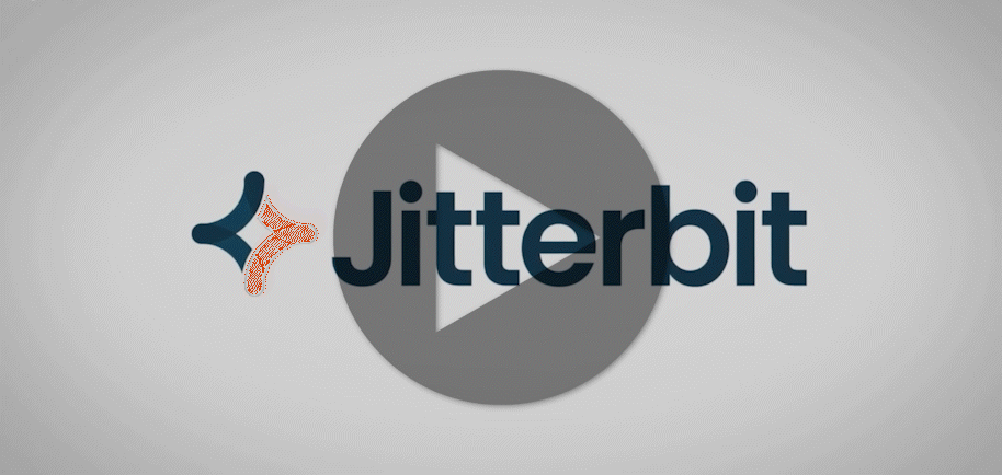 Et animert bilde med Jitterbit Harmony-logoen, med ulike ikoner lagt over, samt knapper og bilder i bakgrunnen som er koblet sammen.