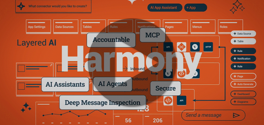 Image animée présentant le logo Jitterbit Harmony superposé à diverses icônes, ainsi que des boutons et des images en arrière-plan qui s'y rattachent.