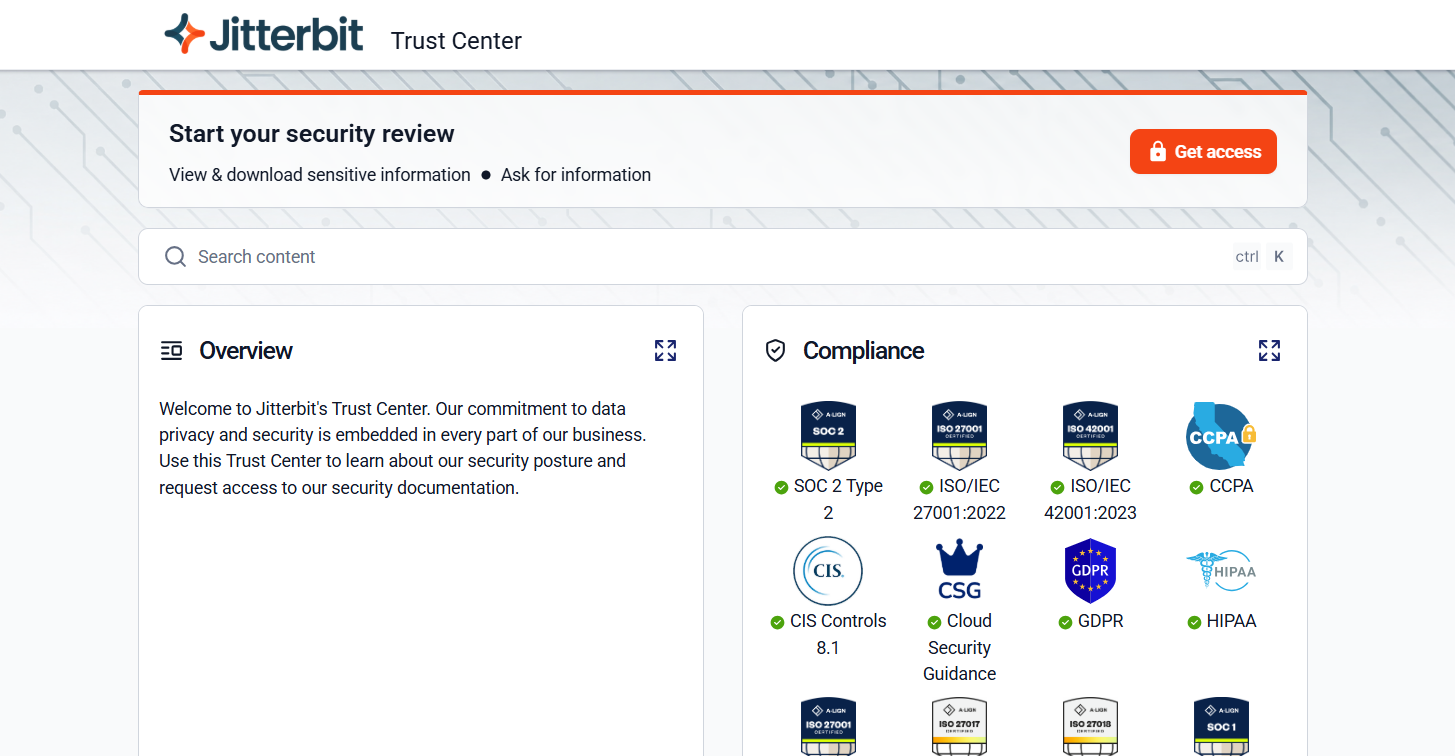 Jitterbit Trust Center screenshot