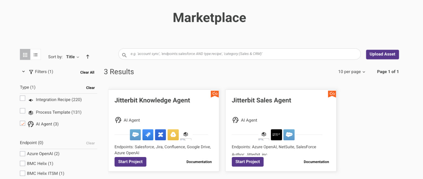 Jitterbit Marketplace screenshot showing available AI Agents