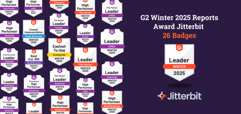 G2 Awards 26 Winter 2025 Badges to Jitterbit for Rapid Implementation, Customer Support and Business-Friendly Capabilities